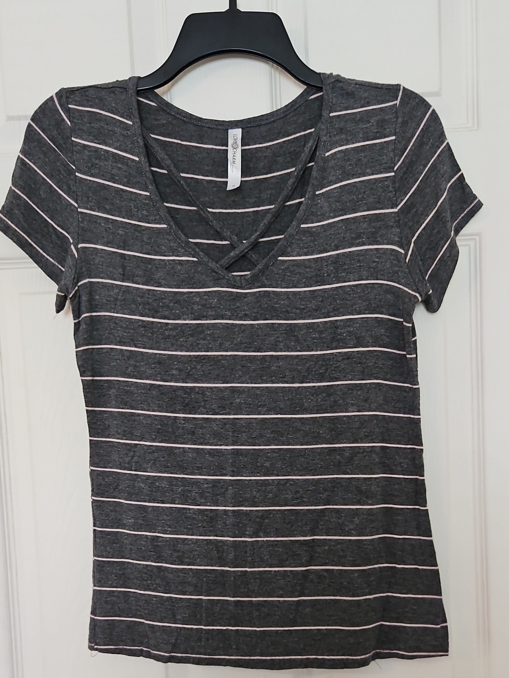 Women's Charcoal Stripe V-Neck Tee with Crisscross Detail